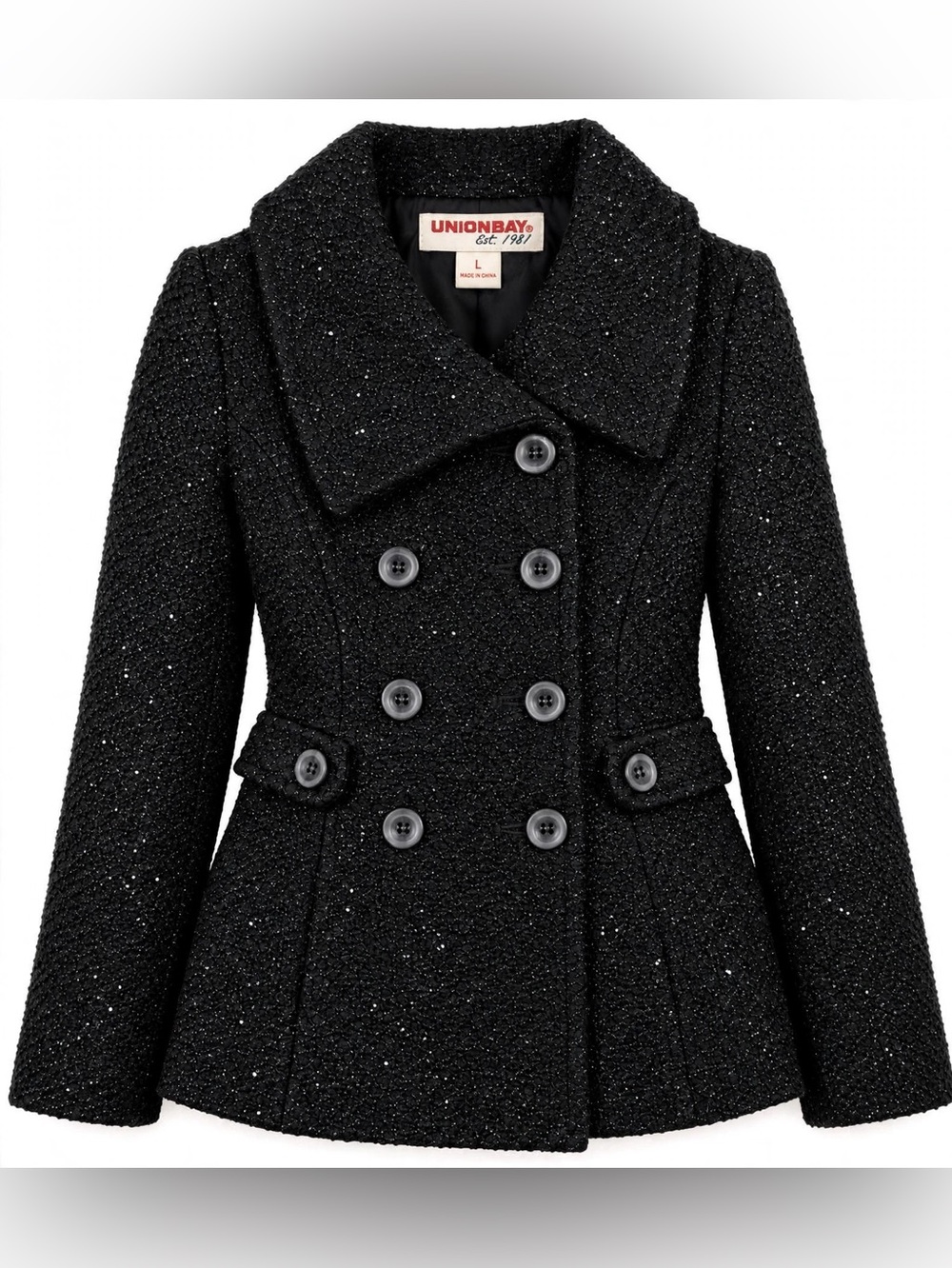 UNIONBAY Black Tweed Peacoat L Short Double Breasted Sparkle Lurex Wool Blend